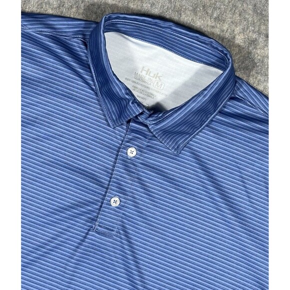 Huk Pursuit Novelty Polo Men’s M Blue Striped Performance Fishing UPF 50 Stretch - Picture 1 of 7